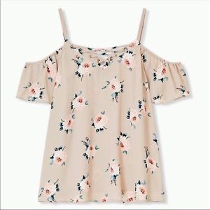 Medium gray, floral cold shoulder top